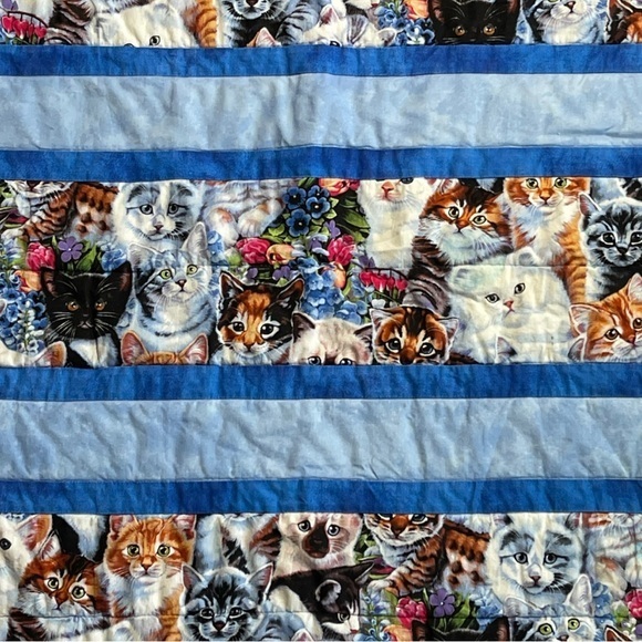 Handmade Cat Kitten Motif Quilt Blue Colors Cat Design Quilting 52"x38" - Picture 2 of 10